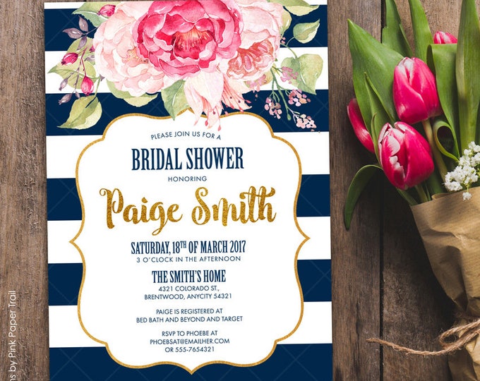 Navy Blue and Blush Pink Floral Invitation Bridal Shower Printable Invitation, Navy Blue and White Stripes Pink Floral Bridal Shower Invite