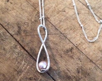 Infinity Sterling Silver Necklace, Freahwater Pearl Infinity Sterling Silver Necklace, Simple Elegance, Bridal Jewelry, Gift for Her
