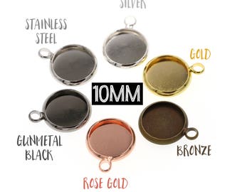 10pcs 10mm Brass Druzy Settings Pendant Tray Blanks, Rose Gold Tone, Gunmetal Tone, Stainless Steel Tone, Silver Tone, Gold Tone Bronze Tone