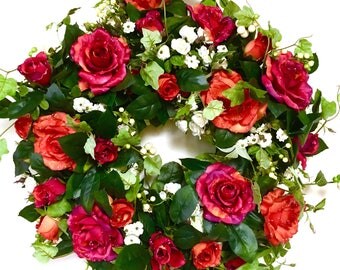 Dew Drop Rose Wreath Orange and Pink w/ White Baby Rose Silk Floral Indoor Outdoor Wreath Spring Wreath Summer Wreath Fall Wreath Large 2