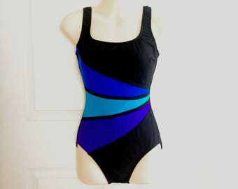70s Robby Len Swimsuit * Color Black Swimsuit * Black and Blue Swimsuit * Black Bathing Suit * 70s Bathing Suit * Vintage Swimsuit