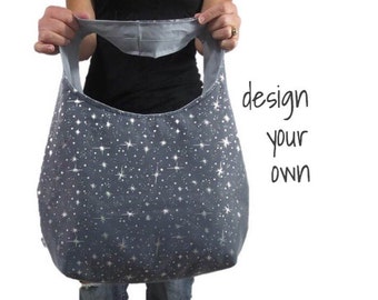 Over the shoulder hobo bag. Large purse. Design your own boho bag. indigo, gray, black, spa blue. Chevron, paisley, tribal,and linen blends
