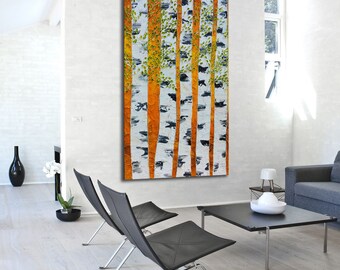 Original Modern Birch Abstract painting, Large Textured Impasto Tree Painting, Autumn colors painting, impasto forest white trees huge art