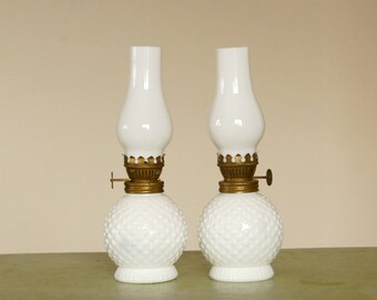 Vintage Hobnail Lamps, Miniature Oil Lamps, Hobnail Milk Glass, Milk Glass Chimneys, Hurricane Lamp Pair