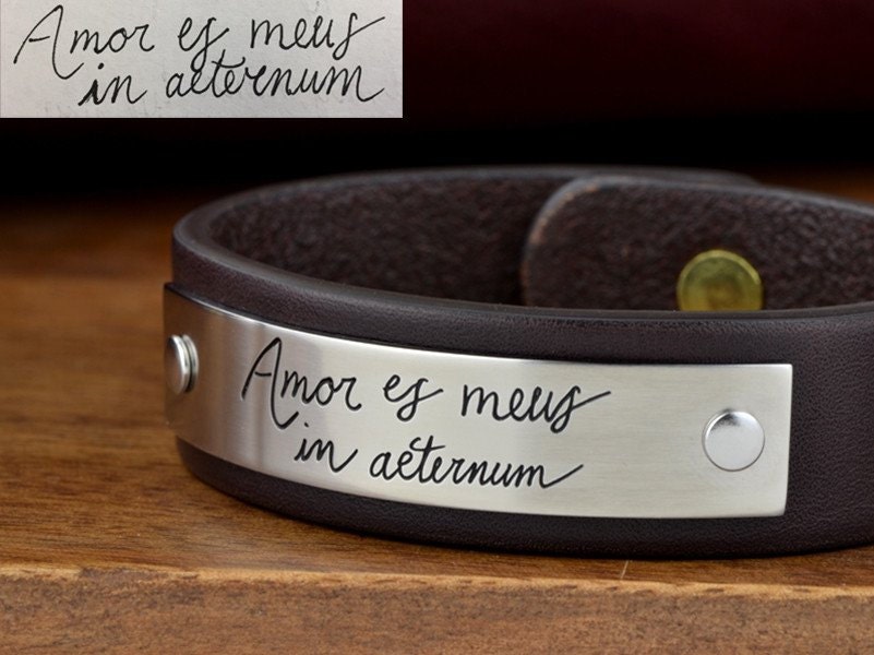 Custom Handwriting Bracelet - Your real handwritten message engraved into a beautiful Stainless Steel and Leather Bracelet