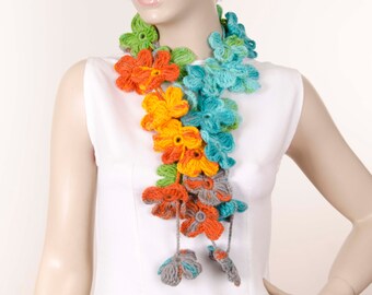 crochet flower lariat scarf ,