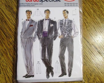 VINTAGE 1980s Men's FORMAL Short Tuxedo Jacket, Fitted Vest & Pleated Trousers - Size (46 - 54) - UNCUT Sewing Pattern Burda 5230