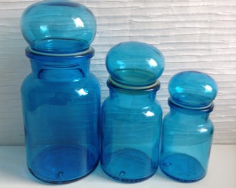 Vintage Apothecary Jar set. Turquoise Blue glass made in Belgium. Panton era. Mid century Kitsch. 1970.