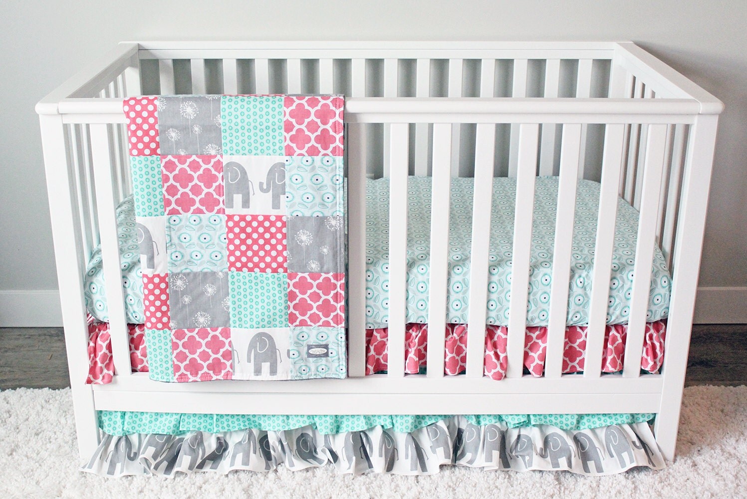 Baby Girl Bedding Coral Mint and Grey Elephant by GiggleSixBaby