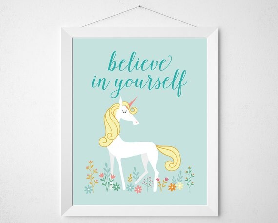 unicorn print believe in yourself cute unicorns quote aqua
