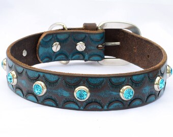 Turquoise Leather Dog Collar, Western Dog Collar, Stamped Leather Dog Collar . Teal Dog Collar, Size 17"- 19" or custom order