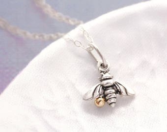 Solid Gold and Sterling Silver Bee Necklace - tiny honeybee necklace, summer treasure necklace