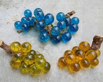 Vintage Mid Century Blue Yellow Amber Lucite Acrylic Grape Clusters W/ Wood Stem - Choose One!