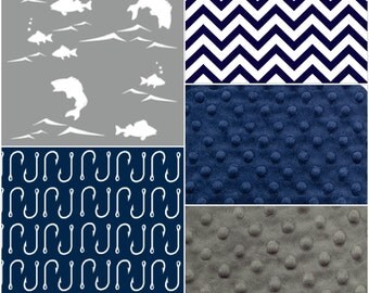Fishing Patchwork Blanket- Fish, Navy Fish Hooks, Navy Chevron, Navy Minky, and Gray Minky Baby Blanket