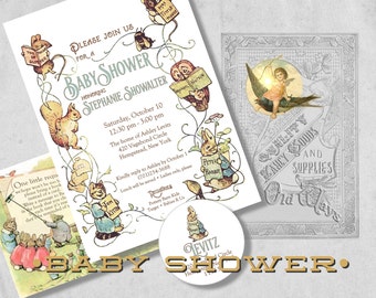 Storybook Baby Shower Invitation - Beatrix Potter Gender Neutral Vintage Baby Shower Invites with Bring A Book Insert & Address Labels