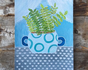 Original Watercolor Gouache Painting of Ferns in a Window Pot