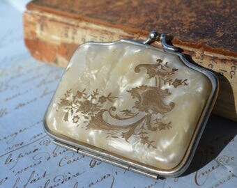 Antique French purse, vintage inlayed celuloid purses, Antique change purse