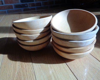 10 Rustic Country Style Solid Wooden Bowls, Machine Lathe Carved Bowls, Made in Japan, in their original clear varnish wood stain finish