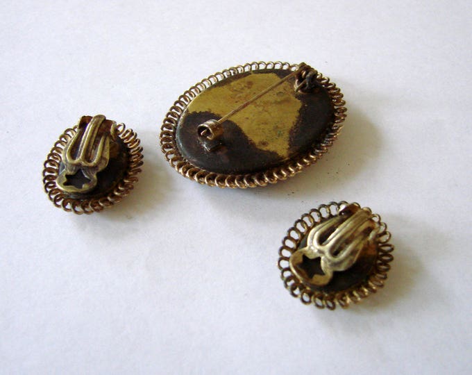 Antique Floral Micro Mosaic Demi Parure Brooch Earrings Vintage Jewelry Jewellery