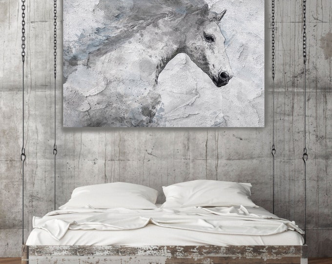 SALE Blue Sky Horse. Extra Large Horse, Unique Horse Wall Decor, White Grey Rustic Horse, Large Canvas Art Print up to 72" by Irena Orlov