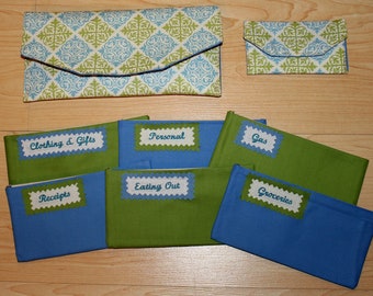 Fabric Cash Envelope system with CUSTOM EMBROIDERED LABELS - blue & green