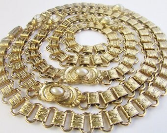 Vintage Bookchain Necklace 34 Inches Long with Glass Pearls Victorian Revival 1928 Jewelry Company Lovely Necklace Excellent Condition