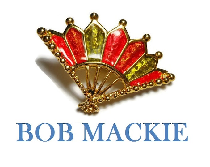 FREE SHIPPING Bob Mackie fan brooch, red, green and orange enamel fan, gold plated, designer to the stars