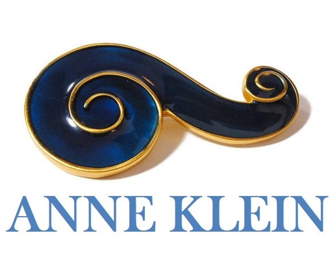 Anne Klein brooch, blue enamel swirl design with gold trim, swirl, mod