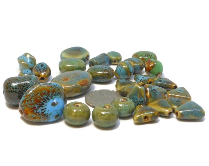 Porcelain beads, 30 bead lot, turquoise blue honey brown green, triangles ovals ball shape, 10mm X 12mm to 30mm X 22mm, great project mix