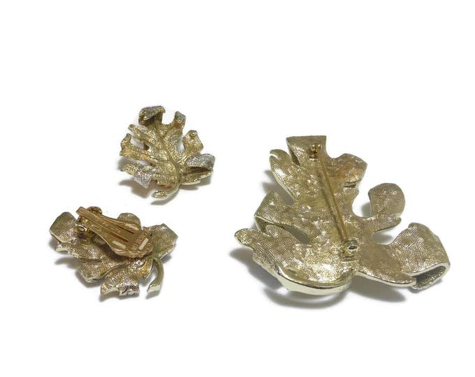 FREE SHIPPING Sarah Coventry brooch and earrings, 1960's "Windfall" line, gold tone with silver tips, turning leaf pin set, clip earrings