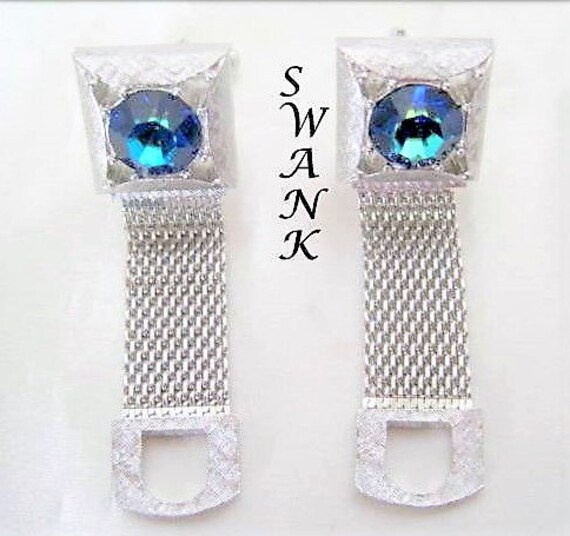 Blue Rhinestone Cuff Links - Signed Swank- Silver Tone Mesh