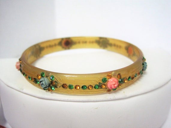 Art Deco Celluloid Bangle - Hand Painted Flowers - Rhinestone Enhanced - Mid Century Bracelet