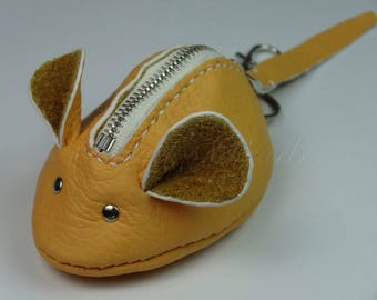 Leather Mouse, Purse, Key Ring, Jewel Bag - Souricette - Orange Leather - Hand Swen
