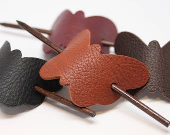 Simple and Unique: Leather Butterfly Hair Barrette with stick. Your choice of colors! Women's Hair Accessory Made in USA!