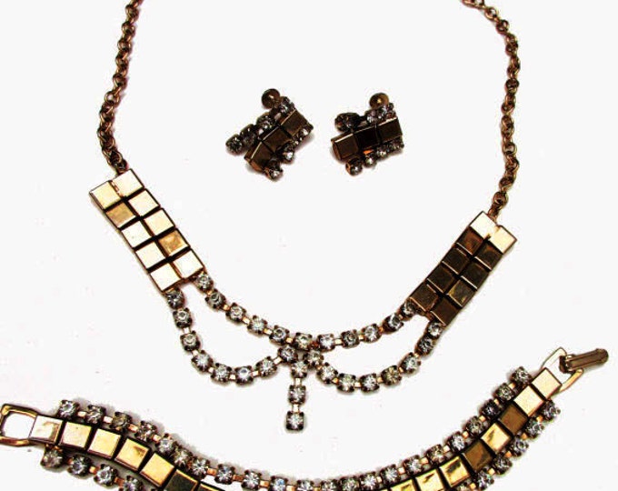 Rhinestone Gold Necklace Bracelet and earring parure set -Mid Century - Link necklace -Clear Rhinestone - Screw back earrings