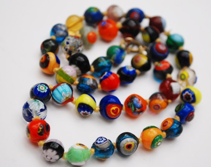 Italian bead necklace - Art glass work Italy beads - Venitian - Millefiori blue red black orange yellow - knotted beads