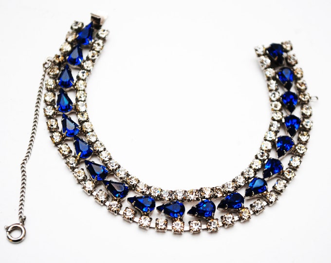 Blue Rhinestone Necklace and Bracelet - B David signed - Silver tone - Jewelry Set - Mid Century -Wedding Bride