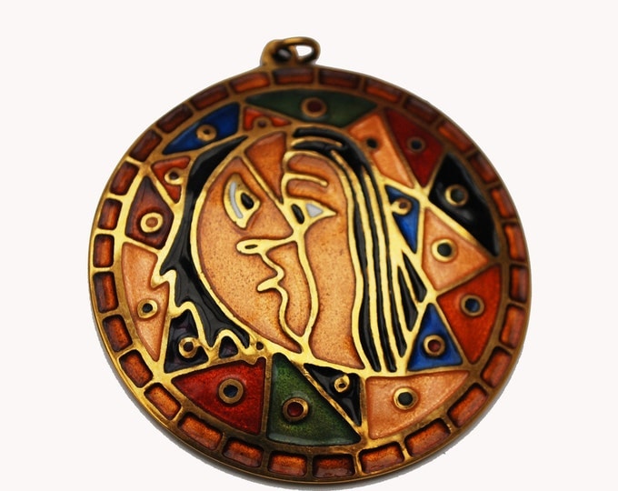 Abstract Face Pendant - Orange enamel = Modern mod - profile faces - black gold red blue - Two faces