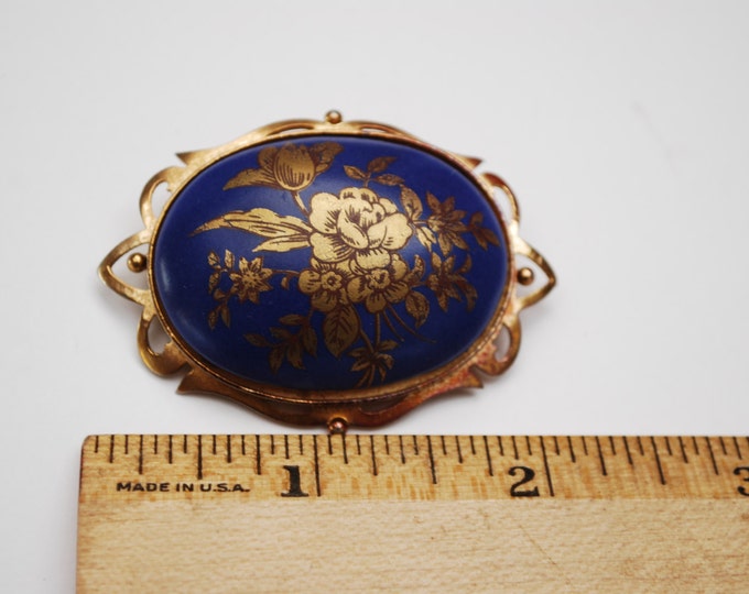 Blue Gold Flower Brooch -coblat blue Enamel gold floral - Victorian Revival Style - Oval domed gold ornate pin