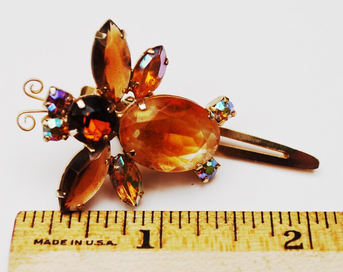Amber Rhinestone Bug hair clip - Vintage barrette - Signed Japan - Brown orange crystal bobby pin