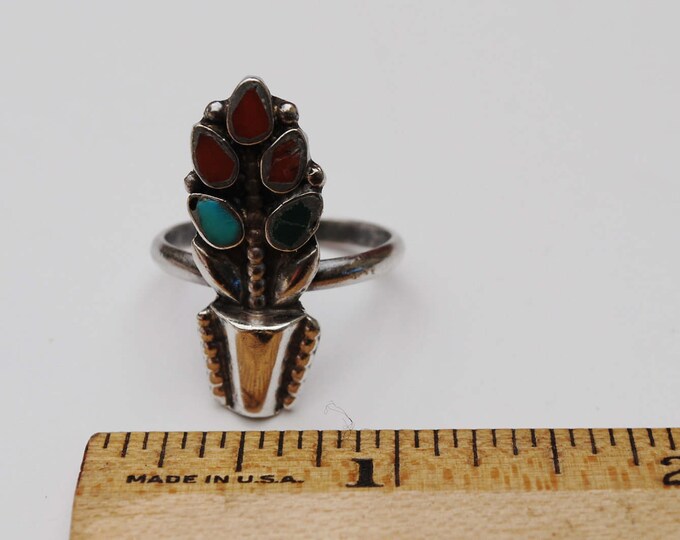 Gemstone Inlay Flower Ring - Silver floral - turquoise,coral - carnelian - size 5 ring