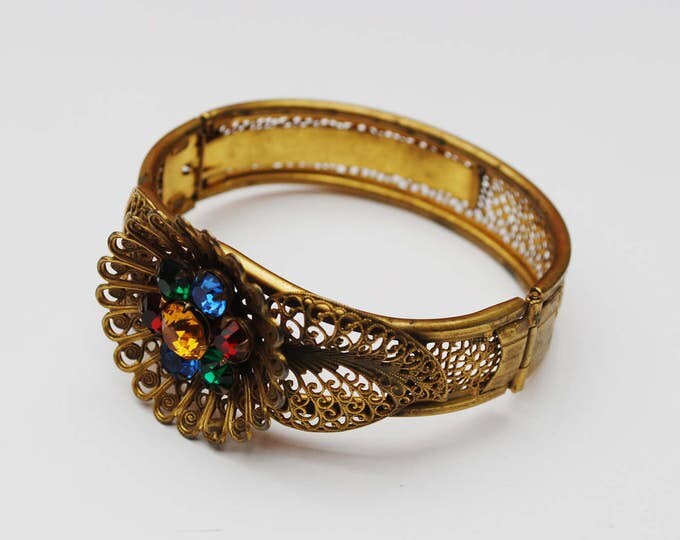 Art Deco Nouveau Gold Filigree Flower Bracelet - colorful Rhinestone - gold plated open work - Sliding Hinged Bangle