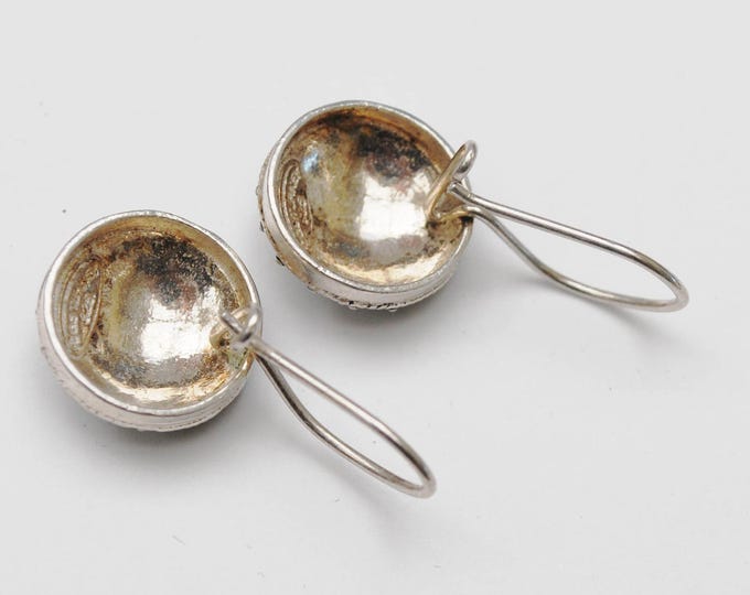 Sterling Flower Earring - Silver filigree - Signed DGS Turkey - Dangle Drop round disk Earrings