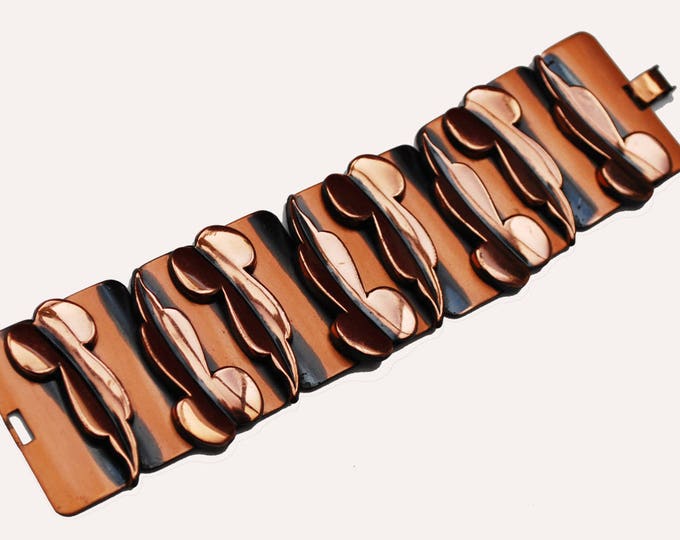 Copper Panel link Bracelet - Mod Leaf - Signed Renoir- Mid Century- Modernistic -Bangle