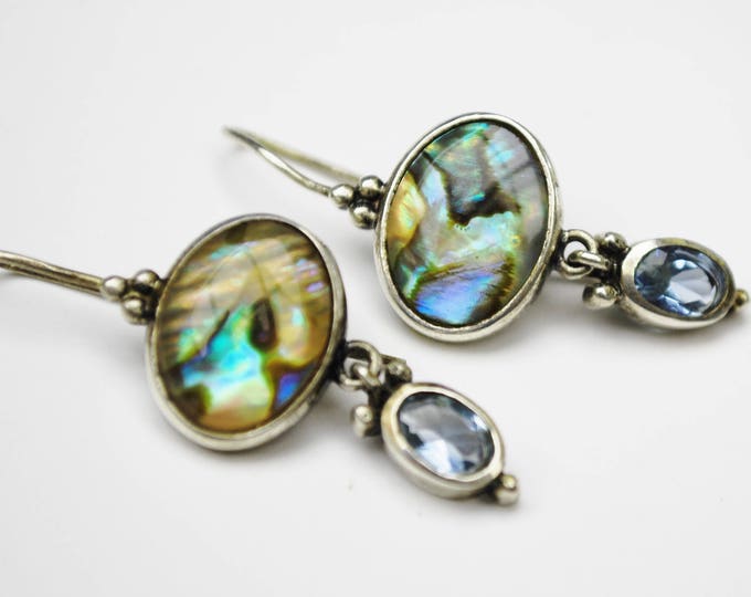 Abalone Sterling dangle Earrings- Blue open back glass - Drop pierced earrings