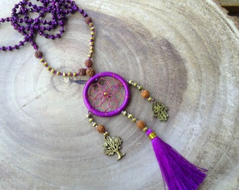 Dream Catcher Necklace, Crystal Necklace, Tassel Tree of Life Hamsa Necklace, Healing Crystals, Rudraksha ,Dreamcatcher Necklace, Purple