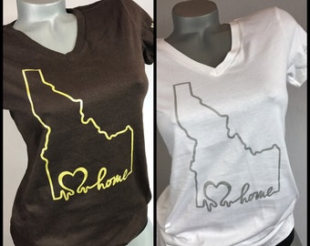 Ladies Vneck Idaho SCREEN PRINTED T-shirt, Idahome, made in Idaho, Idaho tee, Idaho made, Idaho design, love Idaho, body novelties, 208