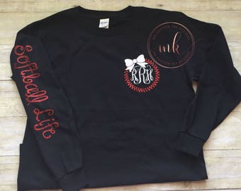 Softball life - softball shirt - girls softball shirt -monogramed softball shirt - Girls Softball Shirt- Viny Monogram Shirt