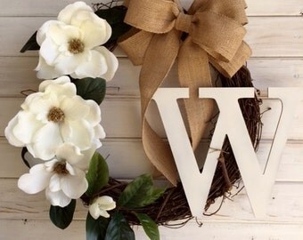Everyday Farmhouse Magnolia Wreath--Front Door Wreath--Burlap Wreath--Monogram Wreath--Farmhouse Decor