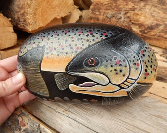 Brown Trout Fine Art Painting, Fish Painted Rock, Trout Painted Stone, Trout Fishing Art